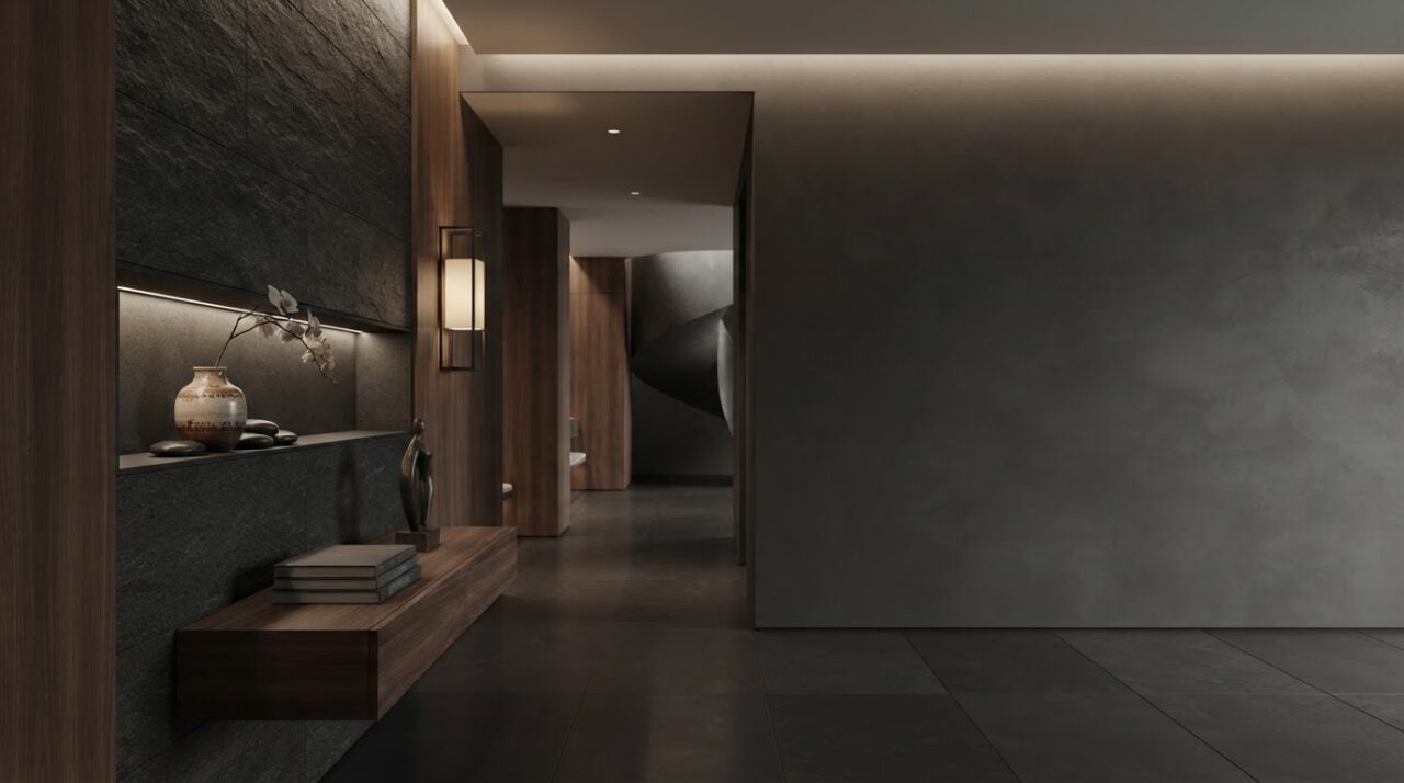 Residential wellness corridor in dark stone