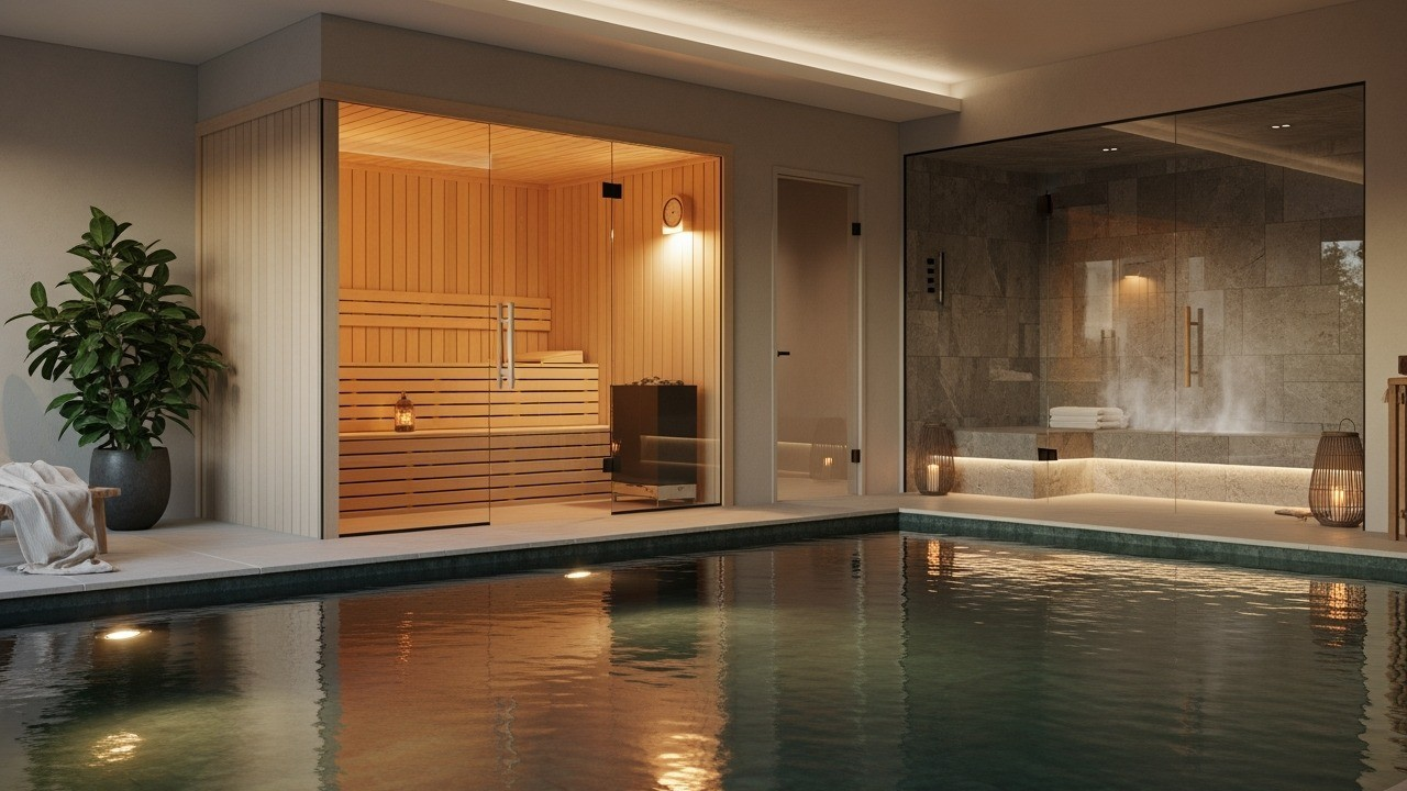 Sauna and indoor pool wellness room