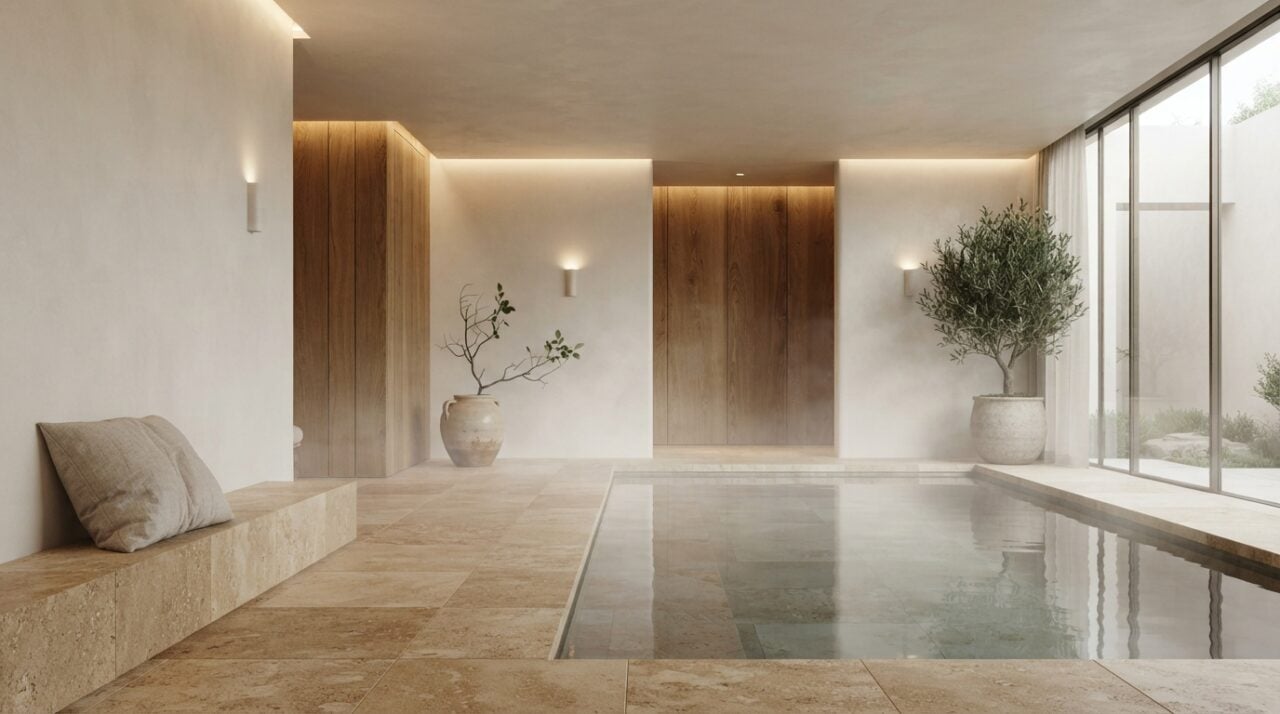 Residential wellness spa with stone, warm wood and an indoor pool